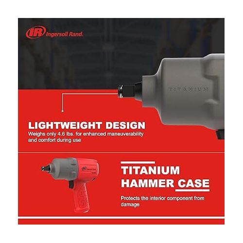  Ingersoll Rand 2235TiMAX-R 1/2” Drive Air Impact Wrench, Lightweight 4.6 lb Design, Powerful Torque Output Up to 1,350 ft/lbs, Titanium Hammer Case, Max Control, Hi-Visibility Red