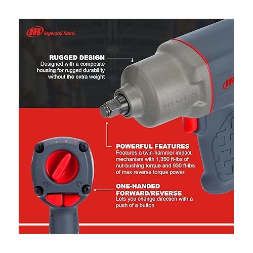  Ingersoll Rand 2235TiMAX 1/2” Drive Air Impact Wrench - Lightweight 4.6 lb Design, Powerful Torque Output Up to 1,350 ft-lbs, Titanium Hammer Case, Max Control, Gray