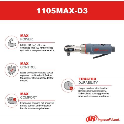  Ingersoll Rand 1105MAX-D3 3/8” Drive Air Ratchet Wrench, Premium Mini Power Tool w/Up to 30 ft lbs / 41 Nm Torque Output, 300 rpm, Gray