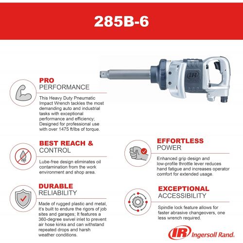  Ingersoll Rand 285B-6 1 Pneumatic Impact Wrench - Heavy Duty Torque Output, 6 Inch Extended Anvil, 1 Inch, 2 Handles, High Precision, Accessibility, Control, Gray