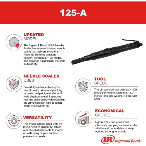  Ingersoll Rand 125-A Needle Scaler, Heavy Duty, Air Powered, Pneumatic Chisel Tool, 18.3”, 4.1 lbs, 4800 Blows Per Min, Black