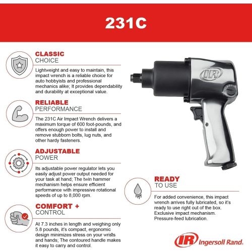  Ingersoll Rand 231C 1/2” Drive Air Impact Wrench ? Lightweight, Max 600 ft-lbs Torque Output, Adjustable Power, Twin Hammer, Silver, 3.4 x 8.2 x 8.8 inches