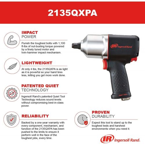  Ingersoll Rand 2135QXPA 1/2 Drive Air Impact Wrench, Quiet Technology, 1,100 ft-lbs Powerful Nut Busting Torque, Lightweight, Black