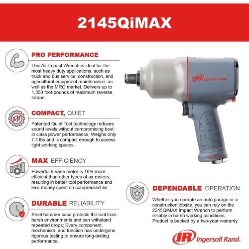 Ingersoll Rand 2145QiMAX 3/4” Drive Air Impact Wrench ? Quiet Technology, 1,350 ft-lbs Powerful Reverse Torque Output, 7 Vane Motor, Steel Hammer Case, Gray