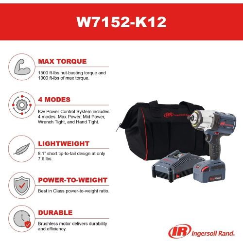  Ingersoll Rand 1/2 20V Cordless Impact, 1 Battery Kit, W7152-K12, (1) Battery Kit