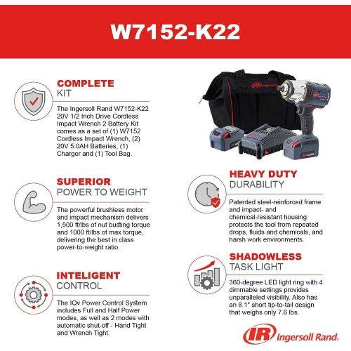 Ingersoll Rand W7152-K22 20V 1/2 Drive Cordless Impact Wrench 2 Battery Kit - High Torque, IQv Power Control w/4 Modes, Brushless Motor, LED Light Ring, 20v, Gray