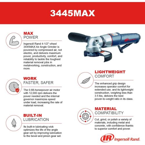  Ingersoll Rand 3445MAX Air Grinder ? 4 1/2 Wheel, Right Angle, Ergonomic Grip, 0.88 and 12,000 RPM Motor for Tough Material Removal, Grey