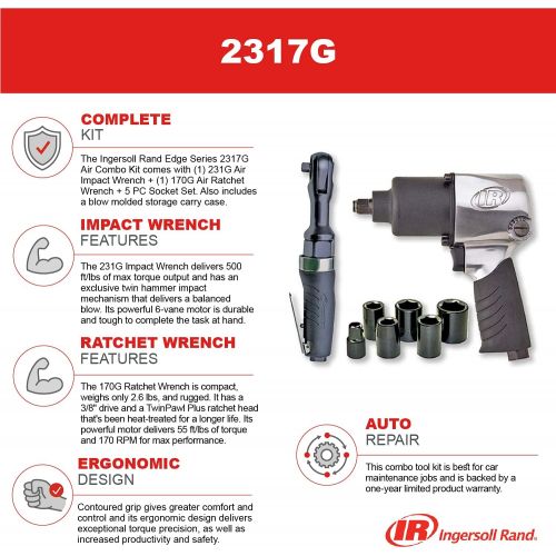  [아마존베스트]Ingersoll Rand 2317G Edge Series Air Impactool and Ratchet Kit, Black