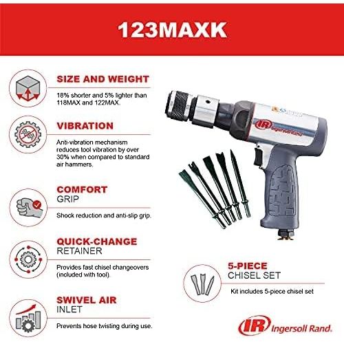  Ingersoll Rand 123MAXK Short Barrel Air Hammer Kit, 5 PC Chisel Set, Quick Change Retainer, Carrying Case, Anti Vibration Power Tool, 3530 BPM, Lightweight, Gray