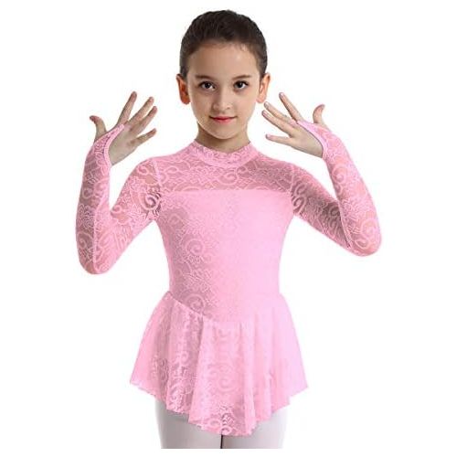  inhzoy Big Girls Kids Floral Lace Long Sleeve Mock Neck Ice Figure Skating Dress Gymnastic Tutu Skirted Leotard Costume