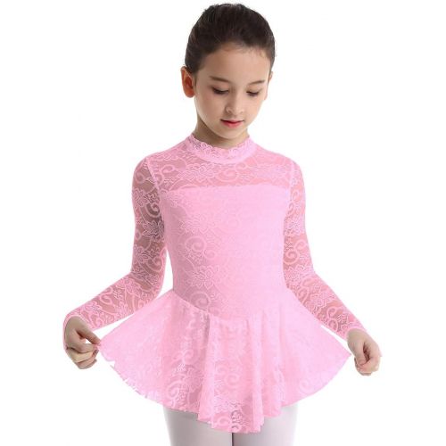  inhzoy Big Girls Kids Floral Lace Long Sleeve Mock Neck Ice Figure Skating Dress Gymnastic Tutu Skirted Leotard Costume