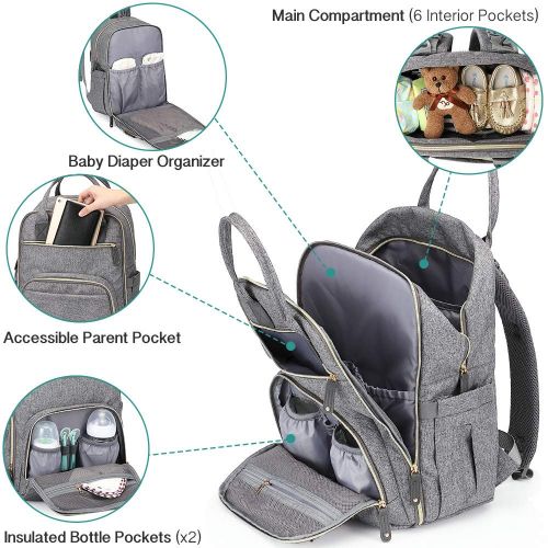  [아마존베스트]Iniuniu Diaper Bag Backpack, iniuniu Large Unisex Baby Bags Multifunction Travel Back Pack for Mom and Dad with Changing Pad and Stroller Straps, Gray