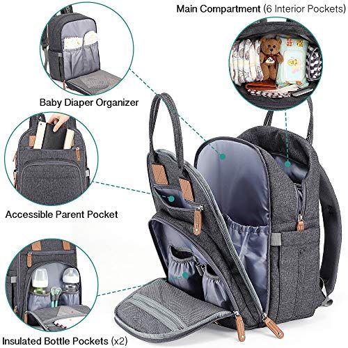  Diaper Bag Backpack, iniuniu Large Unisex Baby Bags Multifunction Travel Back Pack for Mom and Dad with Changing Pad and Stroller Straps, Dark Gray