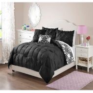 Ink 5 Pc Playful Chevron Pattern Girl Bedding, Allover Pintuck Design Damask Style Black Queen Comforter, Modern Contemporary Attractive Solid Color Soft Comforter Set Gorgeous Texture