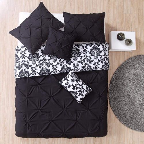  Ink 5 Pc Playful Chevron Pattern Girl Bedding, Allover Pintuck Design Damask Style Black Queen Comforter, Modern Contemporary Attractive Solid Color Soft Comforter Set Gorgeous Texture