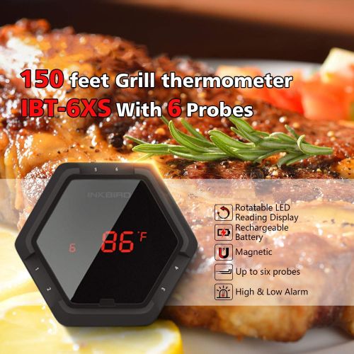  [아마존 핫딜] Inkbird IBT-6XS Bluetooth Wireless Grill Thermometer for Smokers，6 Probes Digital Oven BBQ Thermometer, Rechargeable Battery, Timer, Alarm for Kitchen, Food, 150ft Meat Thermometer