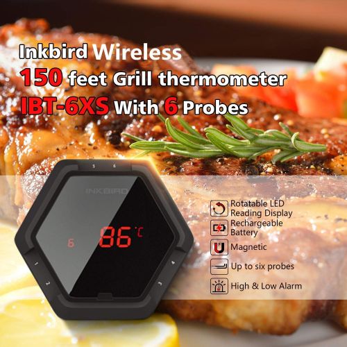  [아마존 핫딜] Inkbird IBT-6XS Bluetooth Wireless Grill Thermometer for Smokers，6 Probes Digital Oven BBQ Thermometer, Rechargeable Battery, Timer, Alarm for Kitchen, Food, 150ft Meat Thermometer