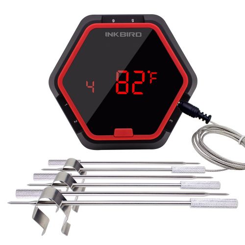  Inkbird Digital Wireless Bluetooth BBQ Thermometer for Grill Smoking, 150ft Bluetooth Range, 32~572°F (6 Probes, Red)