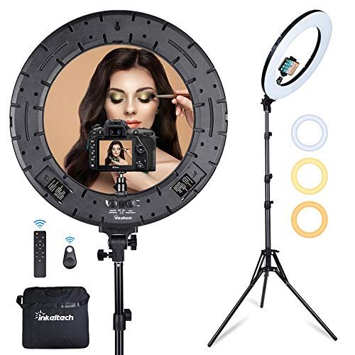  Inkeltech Ring Light - 18 inch 60 W Dimmable LED Ring Light Kit with Stand - Adjustable 3000-6000 K Color Temperature Lighting for Vlog, Makeup, YouTube, Camera, Photo, Video - Con