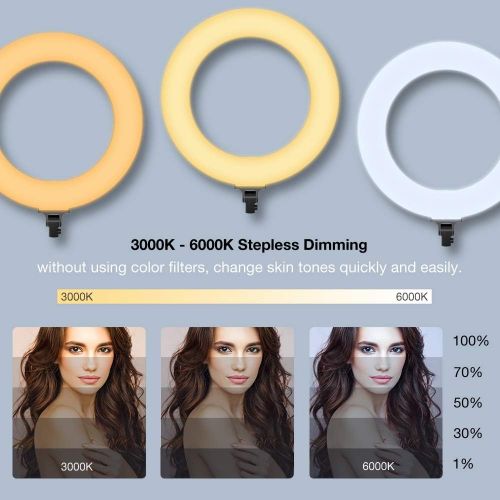  Inkeltech Ring Light - 18 inch 60 W Dimmable LED Ring Light Kit with Stand - Adjustable 3000-6000 K Color Temperature Lighting for Vlog, Makeup, YouTube, Camera, Photo, Video - Con