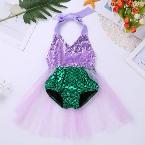  Inlzdz inlzdz Baby Girls Mermaid Princess Cosplay Costume Sequins Halter Swimmable Romper Tutu Skirts Fancy Party Dress