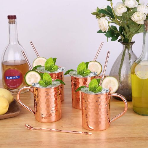  [아마존베스트]InnoStrive Moscow Mule Mugs Set of 4 Moscow Mule Cups 100% Food-Safe Pure Copper mugs With 4 Cocktail Copper Straws and 1 Stirring Spoon