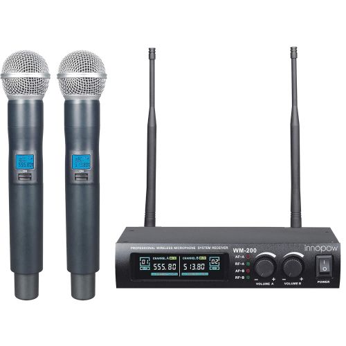  Innopow innopow Metal Dual UHF Wireless Microphone System,inp Metal Cordless Mic Set, Long Distance 150-200Ft,16 Hours Continuous Use for Family Party,Church,Small Karaoke Night (WM-200-Ne