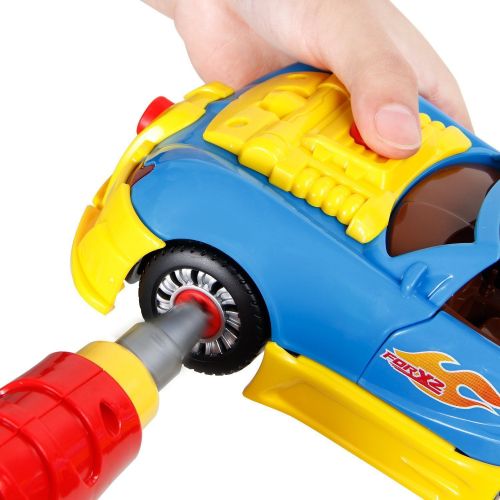  Innovative Brain Toys Racing Car Take-A-Part Toy for Kids with 30 Take Apart Pieces, Tool Drill, Lights and Sounds (Blue)