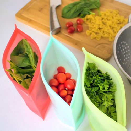  Innovative technology products corp Reusable Silicone Food-Storage Cooking Bags - Airtight Zip Seal Colored Containers Keep Food Hot or Cold - Baby Food Prep or Sous Vide - FDA Grade (6, 3-Medium, 3-Large)