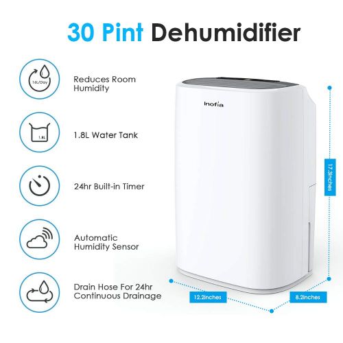  [아마존 핫딜]  [아마존핫딜]Inofia 30 Pints Dehumidifier Mid-Size Portable For Basements and Large Rooms, Intelligent Humidity Control For Space Up To 1056 Sq Ft, Continuous Drain Hose Outlet for Bathroom Bas