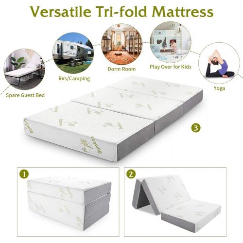  [아마존 핫딜] Folding Mattress, Inofia Memory Foam Tri-fold Mattress with Ultra Soft Removable Bamboo Cover Washable, Non-Slip Bottom & Breathable Mesh Sides - Queen 6-Inch