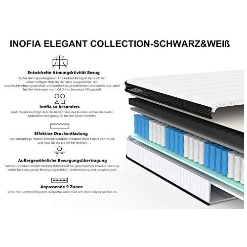  [아마존 핫딜] [아마존핫딜]Inofia Federkernmatratze 90x190 7-Zonen Matratze Taschenfederkernmatratze H3/Oeko-TEX 100/Wave Memory Foam & Softgestrick/Elegant Typ/Hoehe 27 cm/weiss /100 Nachte Probeschlafen /10