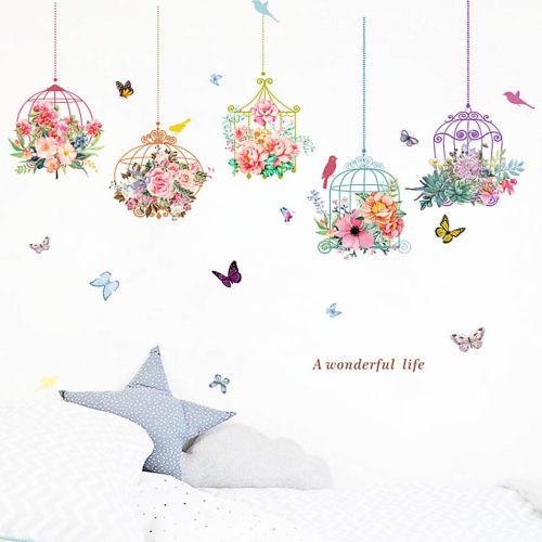  Inones Flower Butterfly Bonsai Wall Stickers Removable Vinyl Birdcage Plants Wall Decal for Kids Bedroom Family Living Room Decorative