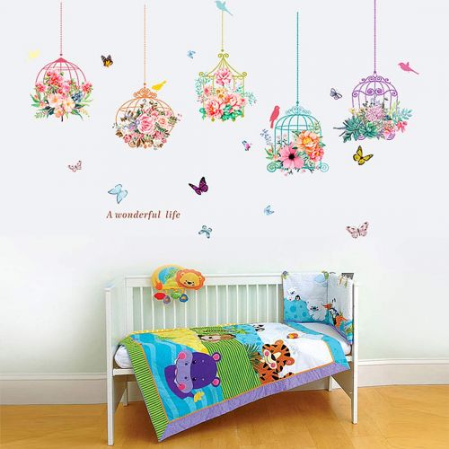  Inones Flower Butterfly Bonsai Wall Stickers Removable Vinyl Birdcage Plants Wall Decal for Kids Bedroom Family Living Room Decorative