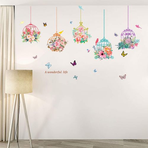  Inones Flower Butterfly Bonsai Wall Stickers Removable Vinyl Birdcage Plants Wall Decal for Kids Bedroom Family Living Room Decorative