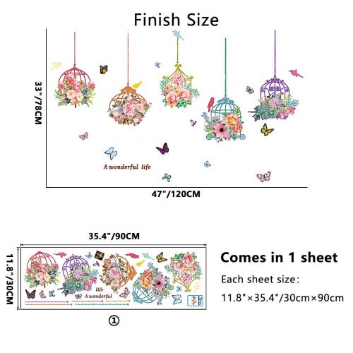  Inones Flower Butterfly Bonsai Wall Stickers Removable Vinyl Birdcage Plants Wall Decal for Kids Bedroom Family Living Room Decorative