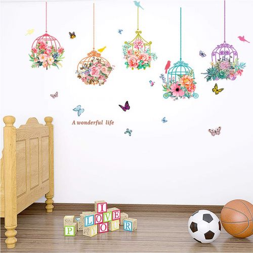  Inones Flower Butterfly Bonsai Wall Stickers Removable Vinyl Birdcage Plants Wall Decal for Kids Bedroom Family Living Room Decorative