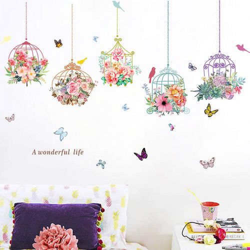  Inones Flower Butterfly Bonsai Wall Stickers Removable Vinyl Birdcage Plants Wall Decal for Kids Bedroom Family Living Room Decorative