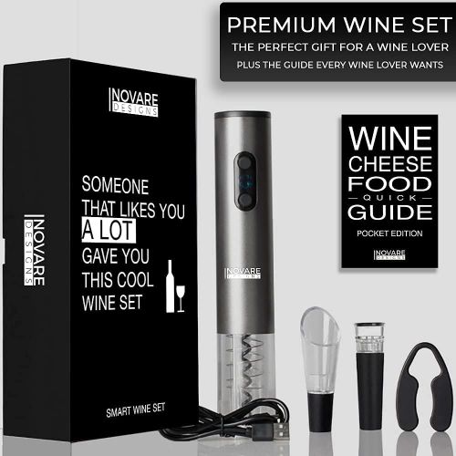  Inovare Designs Gift for Wine Lover, Unique Wine Pairing Guide, Rechargeable Electric Opener, Automatic Electronic Bottle Set, Tasting Kit Accessories, Stopper, Aerator Pourer, Vacuum Preserver, F