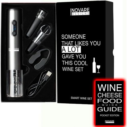  Inovare Designs Gift for Wine Lover, Unique Wine Pairing Guide, Rechargeable Electric Opener, Automatic Electronic Bottle Set, Tasting Kit Accessories, Stopper, Aerator Pourer, Vacuum Preserver, F