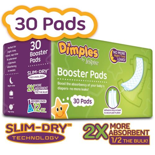  [아마존베스트]Inspire Dimples Booster Pads, Baby Diaper Doubler with Adhesive - Boosts Diaper Absorbency - No More leaks 30 Count (with Adhesive for Secure Fit)