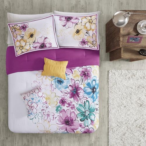  [아마존베스트]Intelligent Design Olivia Comforter Twin XL Size-Purple Blue, Floral  4 Piece Sets  Ultra Soft Microfiber Teen Bedding for Girls Bedroom, Twin/Twin X-Large,