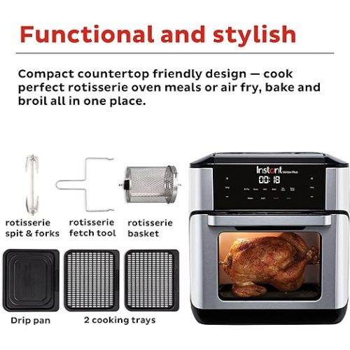  Instant Pot 10QT Air Fryer, 7-in-1 Functions with EvenCrisp Technology that Crisps, Broils, Bakes, Roasts, Dehydrates, Reheats & Rotisseries, Includes over 100 In-App Recipes, Stainless Steel