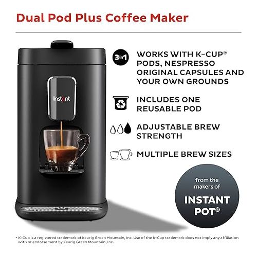  Instant Pot Pod, 3-in-1 Espresso, K-Cup Pod and Ground Coffee Maker, From the Makers of Instant Pot with Reusable Coffee Pod for Ground Coffee, 2 to 12oz. Brew Sizes, 68oz Reservoir