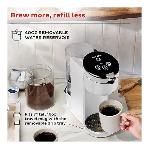  Instant Pot K-Cup Pod Compatible Single Serve Coffee Maker with Reusable Pod and Bold Setting, 8-12oz, 40oz Reservoir, White