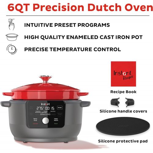  Instant Pot Instant Electric Precision Dutch Oven, 5-in-1: Braise, Slow Cook, Sear/Saute, Cooking Pan, Food Warmer, Enamel Coated, Cast Iron, 6-Quart, 1500W, Red