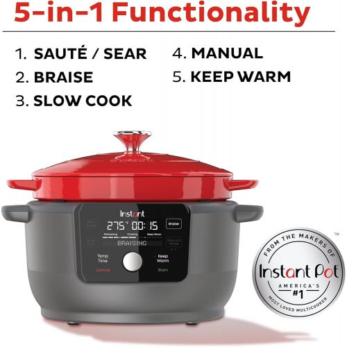  Instant Pot Instant Electric Precision Dutch Oven, 5-in-1: Braise, Slow Cook, Sear/Saute, Cooking Pan, Food Warmer, Enamel Coated, Cast Iron, 6-Quart, 1500W, Red