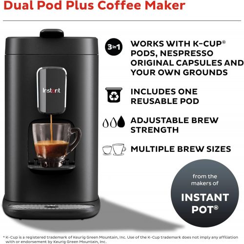  Instant Pot Dual Pod Plus 3-in-1, Espresso, K-Cup Pod and Ground Coffee Maker, Nespresso Capsules and K-Cup Pods with Reusable Coffee Pod for Ground Coffee, 2 to 12oz. Brew Sizes,