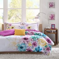Intelligent 5 Piece Girls Floral Themed Comforter Full Queen Set, Pretty Abstract Flower Pattern, Beautiful All Over Summer Bedding, Colorful Flowers, White Light Pink Yellow Sky Blue Lavendar