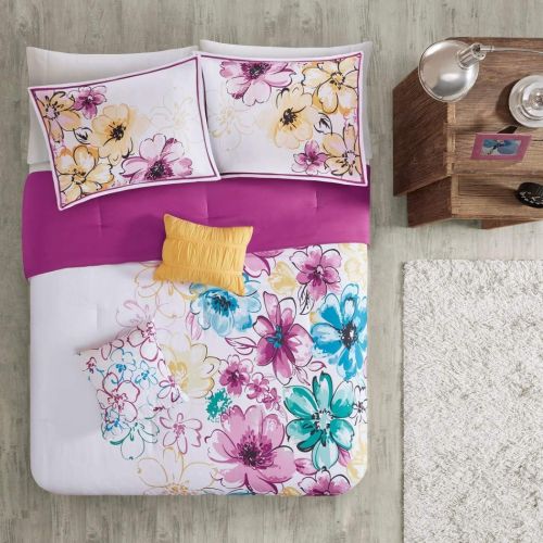 Intelligent 5 Piece Girls Floral Themed Comforter Full Queen Set, Pretty Abstract Flower Pattern, Beautiful All Over Summer Bedding, Colorful Flowers, White Light Pink Yellow Sky Blue Lavendar